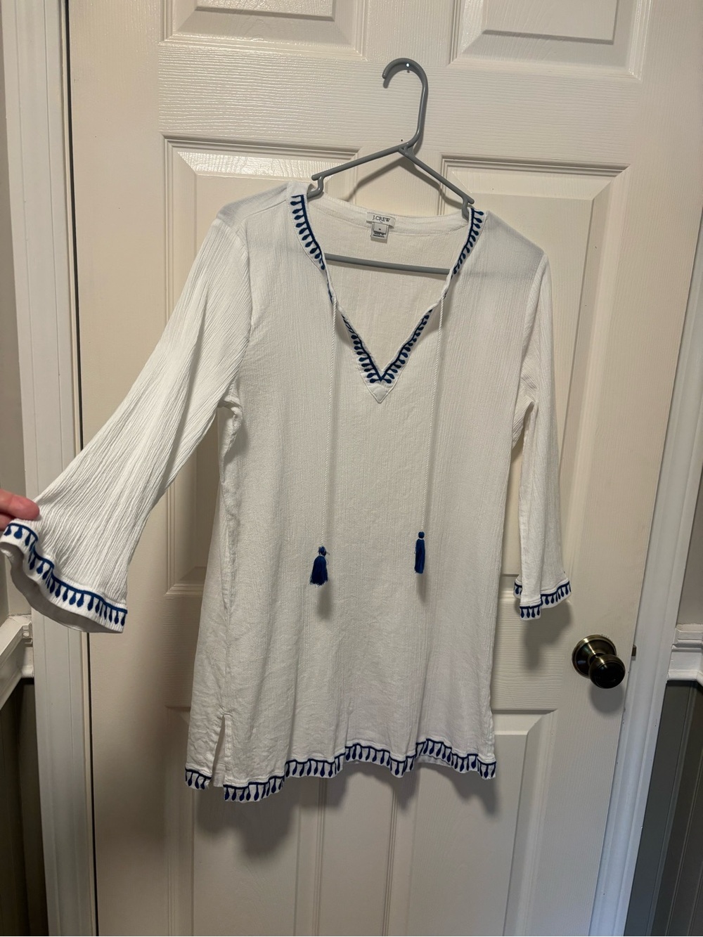 J.Crew White Cotton Tunic Cover Up Blue Tassel Embroidered Medium - Picture 3 of 11